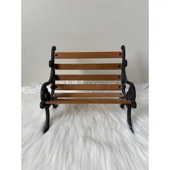 Vintage Miniature Cast Iron Frame w/ Wood Slats Doll/Bear Park Bench- 8.25" Tall - Picture 2 of 6